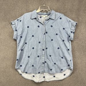 Jane and Delancey Top Womens Large L Blue embroidered Chambray‎ Button Up blouse